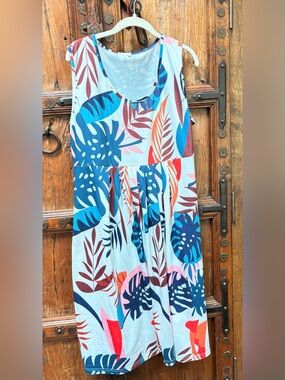 Tropical Leaf Print Sleeveless Summer Dress - Blue Pink Coral SZ 2X EUC